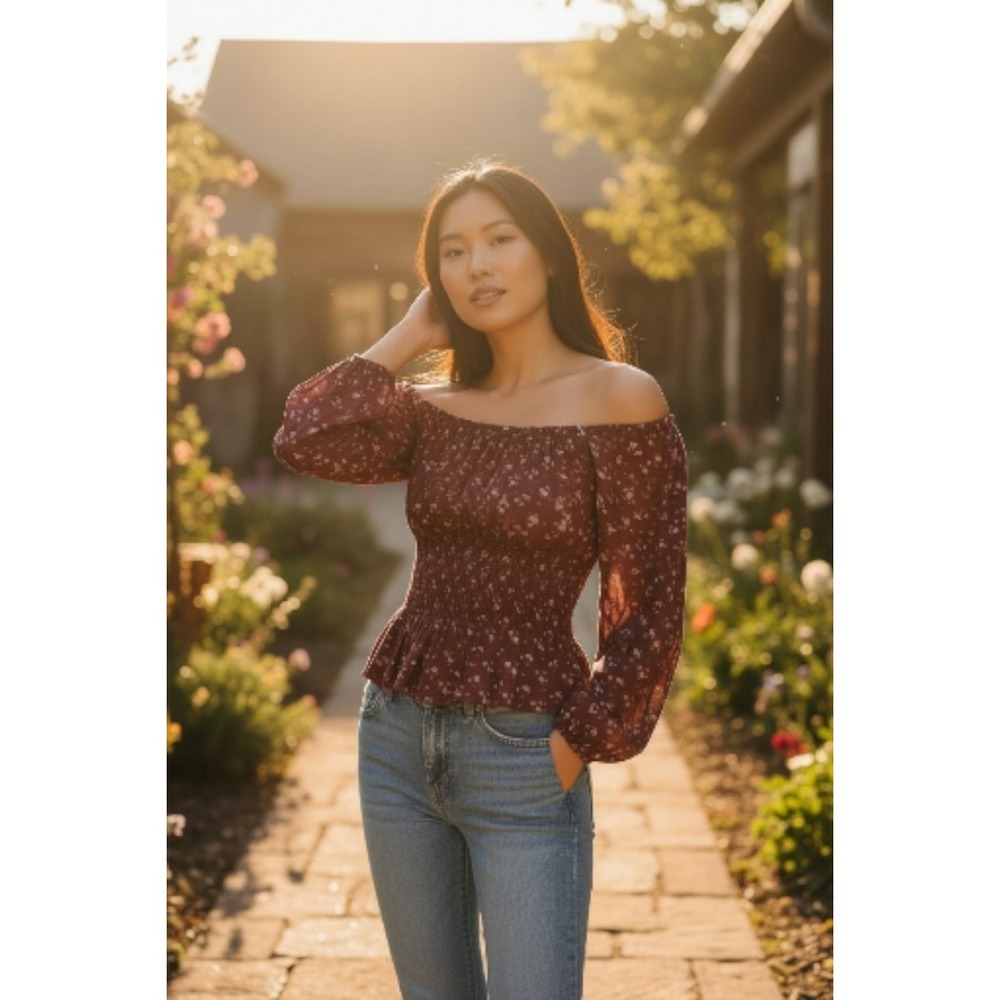 Nwt American Eagle coquette dainty Floral Babydoll top Womens XL Boho Burgundy